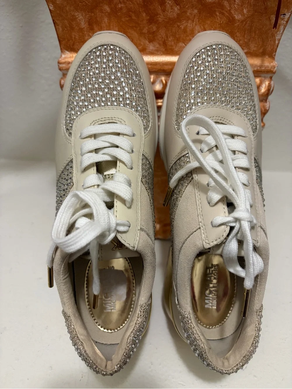 Michael Kors Beige and Gold Crystal-Embellished Sneakers
